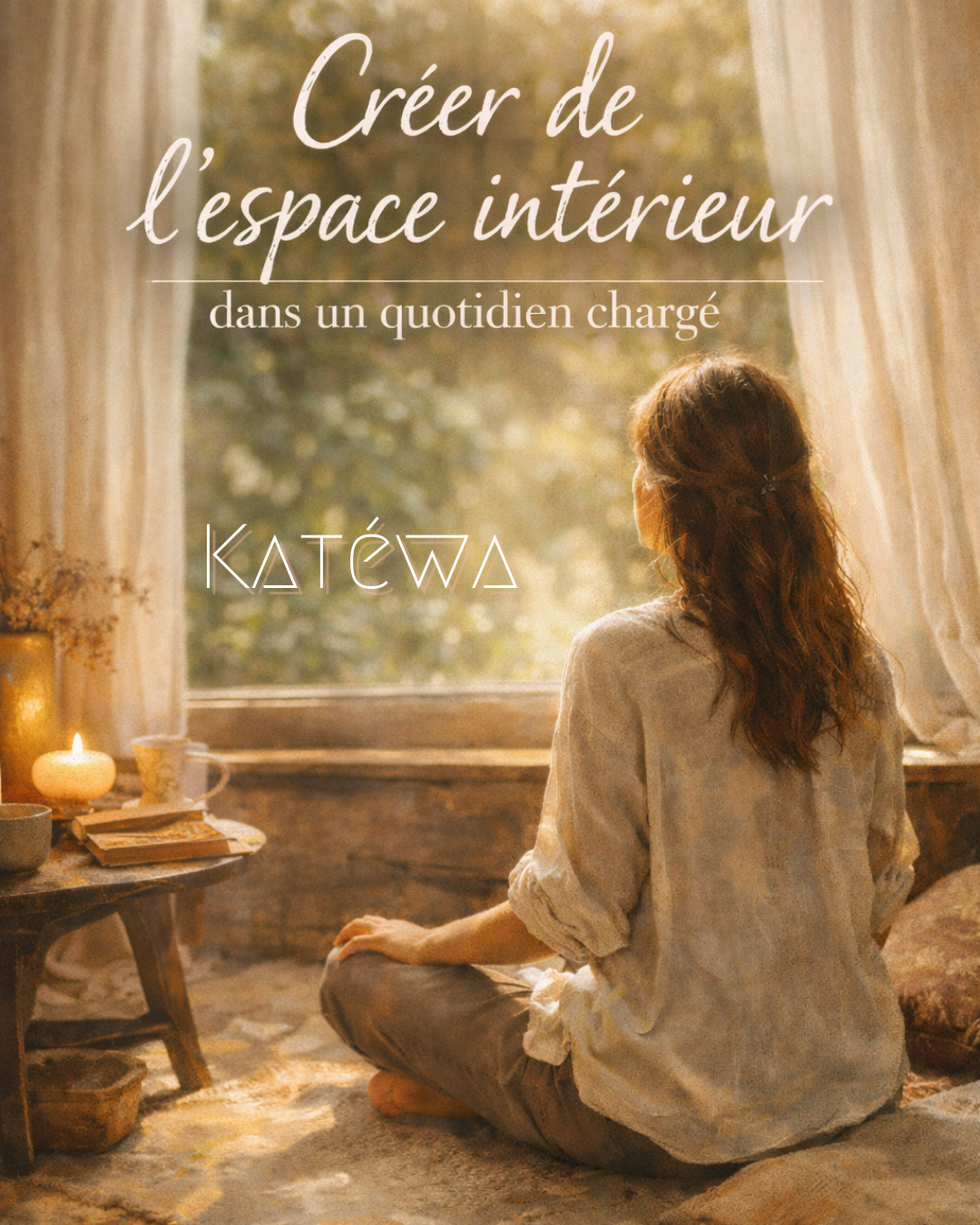 Femme rassise en tailleur regardant par la fenêtre