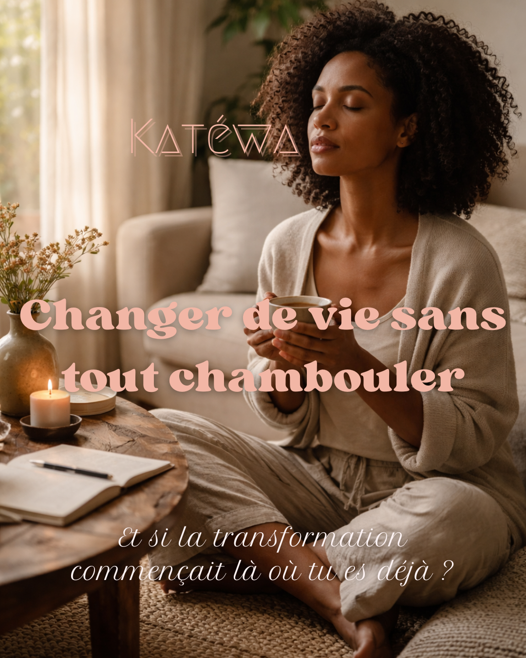 Femme assise sur le sol avec une tasse de thé à la main