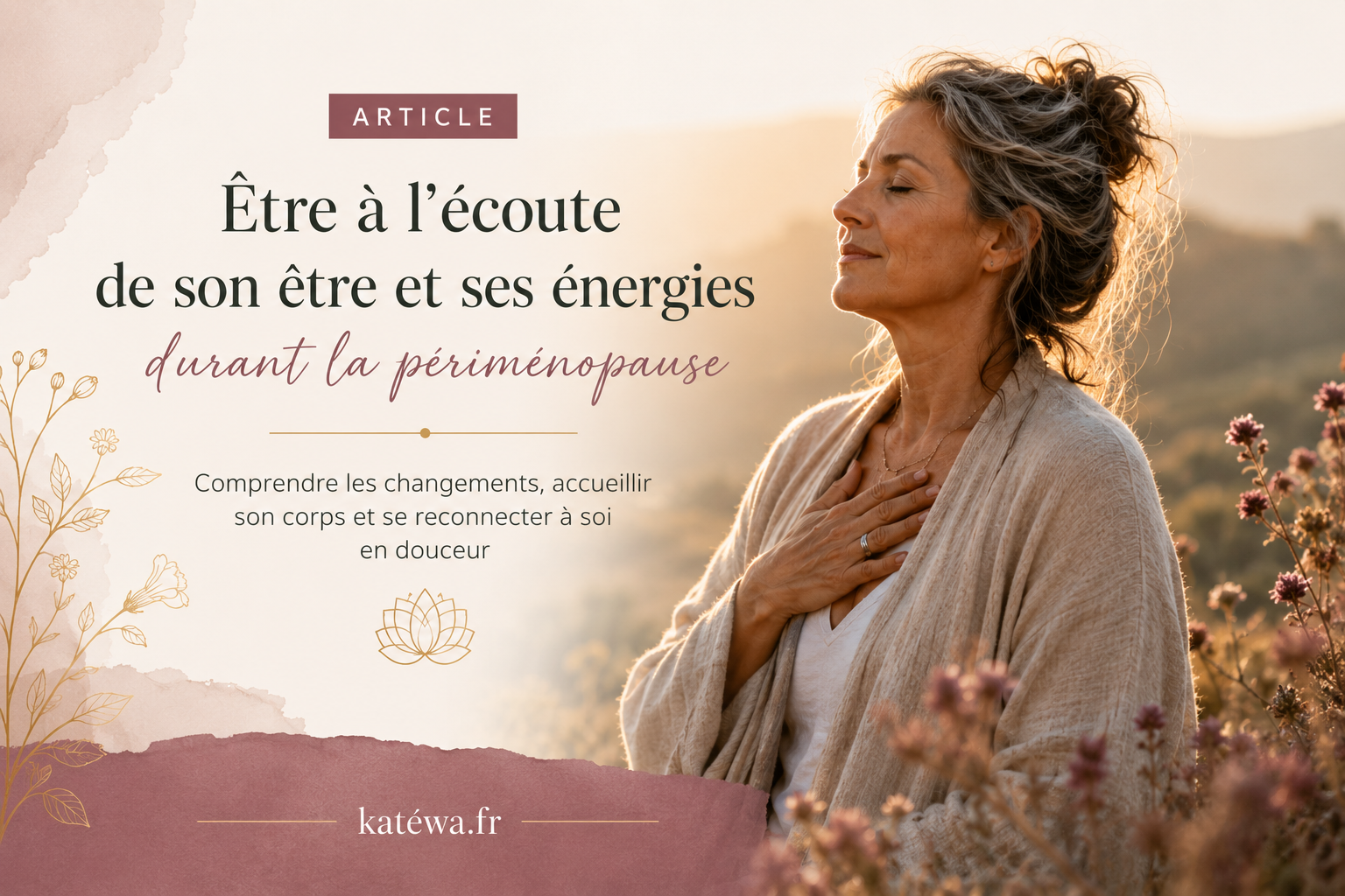 Femme aux yeux fermés, une main sur le cœur, dans une lumière douce ; couverture de l’article sur la périménopause.